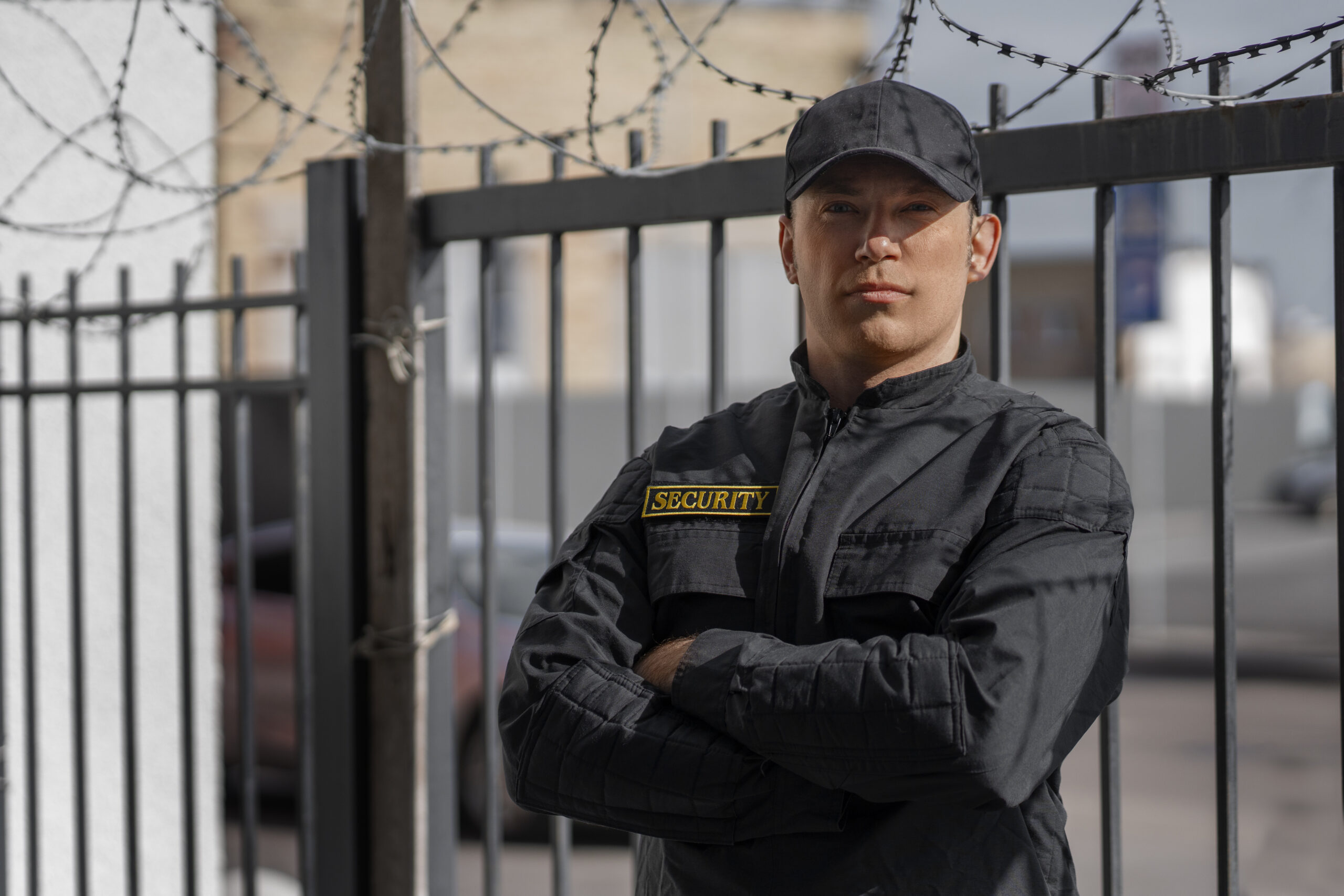 Portrait Male Security Guard With Barbed Wire Fence Scaled